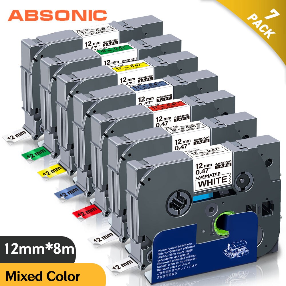 Absonic 10PCS 12mm for Brother tze-631 tze 631 tze631 Laminated Label Tape Tze 231 Tze-231 Use for Brother P touch Label Maker: 7PK Mixed Color