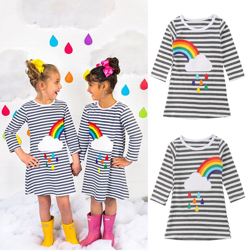 2018 nuova Primavera Autunno Bella Causale Del Bambino Del Bambino Delle Ragazze del Vestito A Maniche Lunghe Arcobaleno Stampa A Righe Vestito Da A-Line 2 Stile 1-6Y
