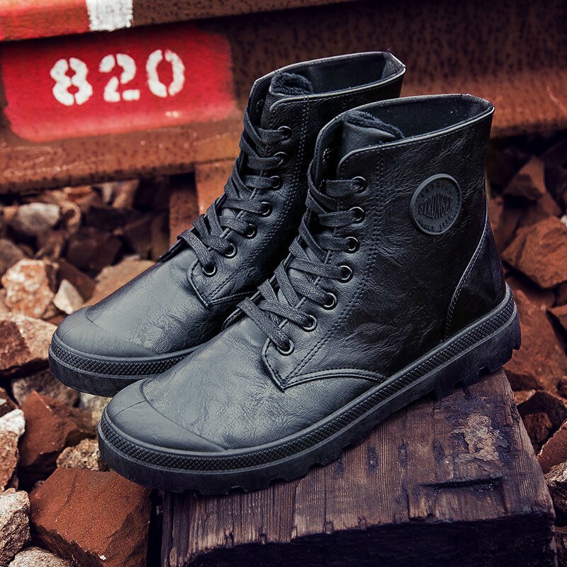 Waterdichte heren leren laarzen warme casual heren tooling laarzen katoenen hoge leren heren platte martin laarzen