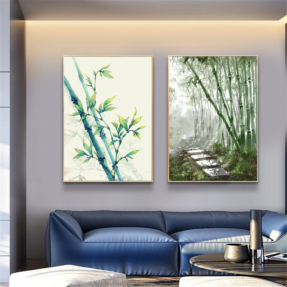 Affiche d'art mural chinois bambou | Plante verte aquarelle, toile Art, tableau mural imprimé pour salon, décoration de la maison