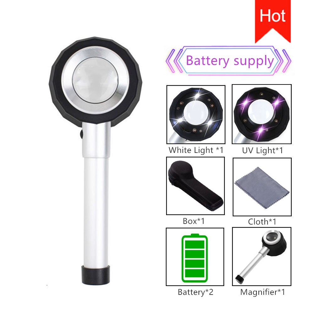 Lupa portátil de mano con luz LED UV 45X, dermatoscopio, mango, báscula de medida de visión clara y suave, lupa de vidrio óptico ,gafas aumento,lentes aumento con luz,pantalla 3d para movil: D