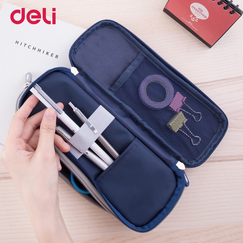 Deli durable canvas kawaii school pencil case big capacity office organizer stationery supply cute pen bag pouch box with zipper