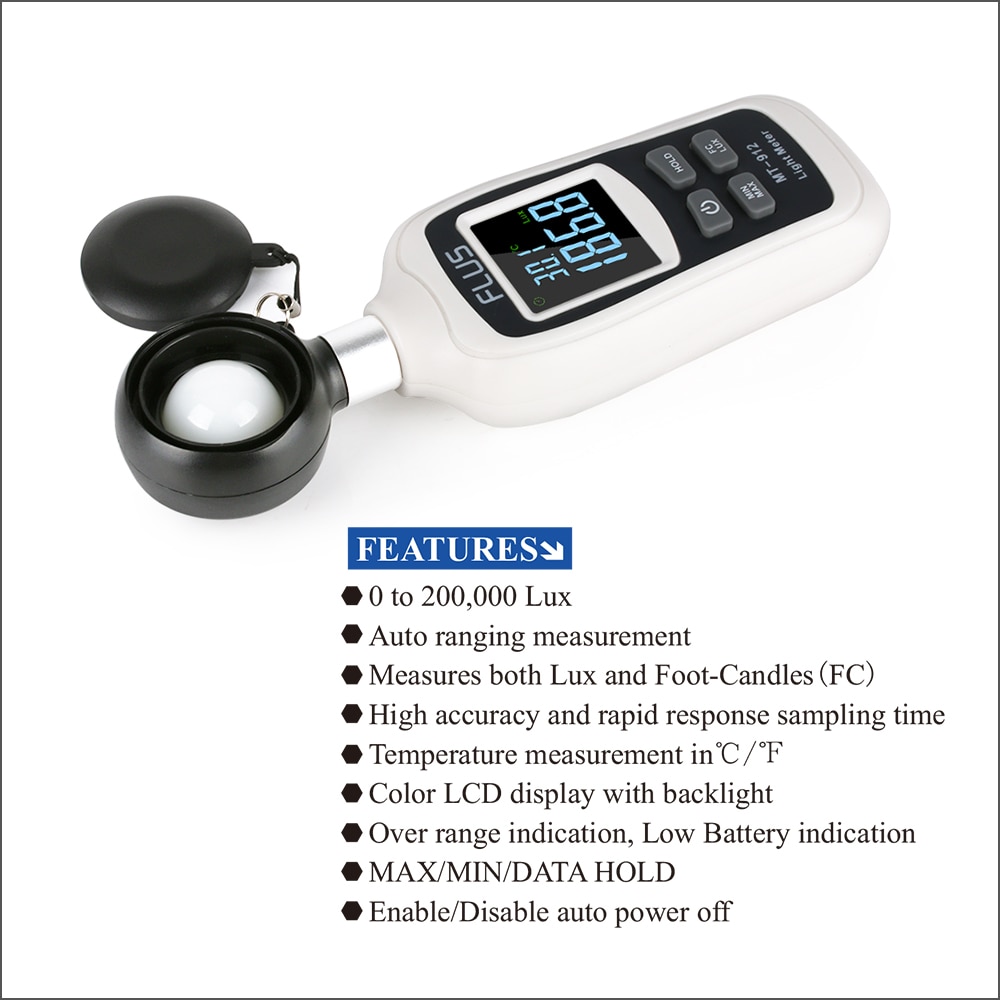 FLUS Digital Light Luxmeter Meter Temperature 0-20000 Lux Illuminometer Luminometer Photometer Lux/FC Tester Light Meter