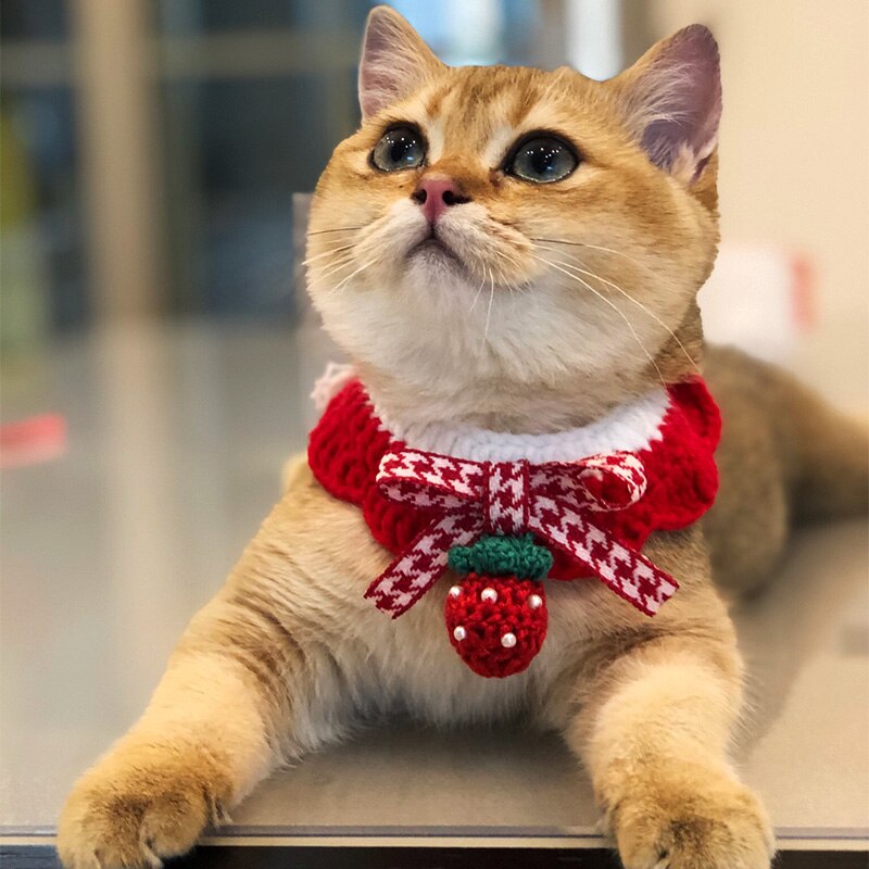 Strawberry Crochet Cat Collar Woolen Dog Bandana Bowknot Pet Necklace Manual Kitty Scarf Cute Cat Accessories Yorkie Chihuahua