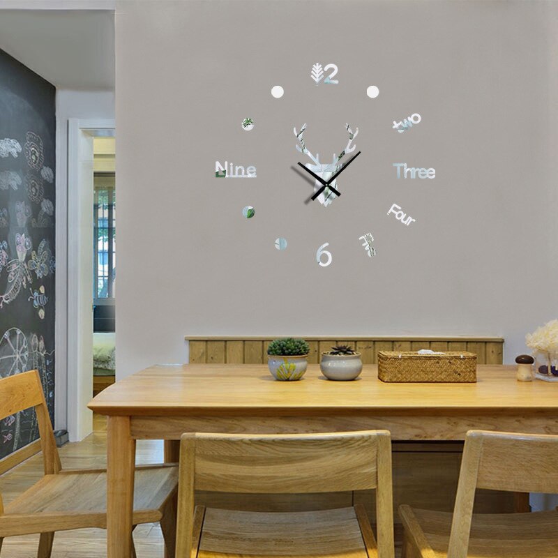 3D Wall Clock Mirror Wall Stickers Deer Head DIY Large Wall Clock Quartz Watch Art Decal Sticker Living Room Home Decor