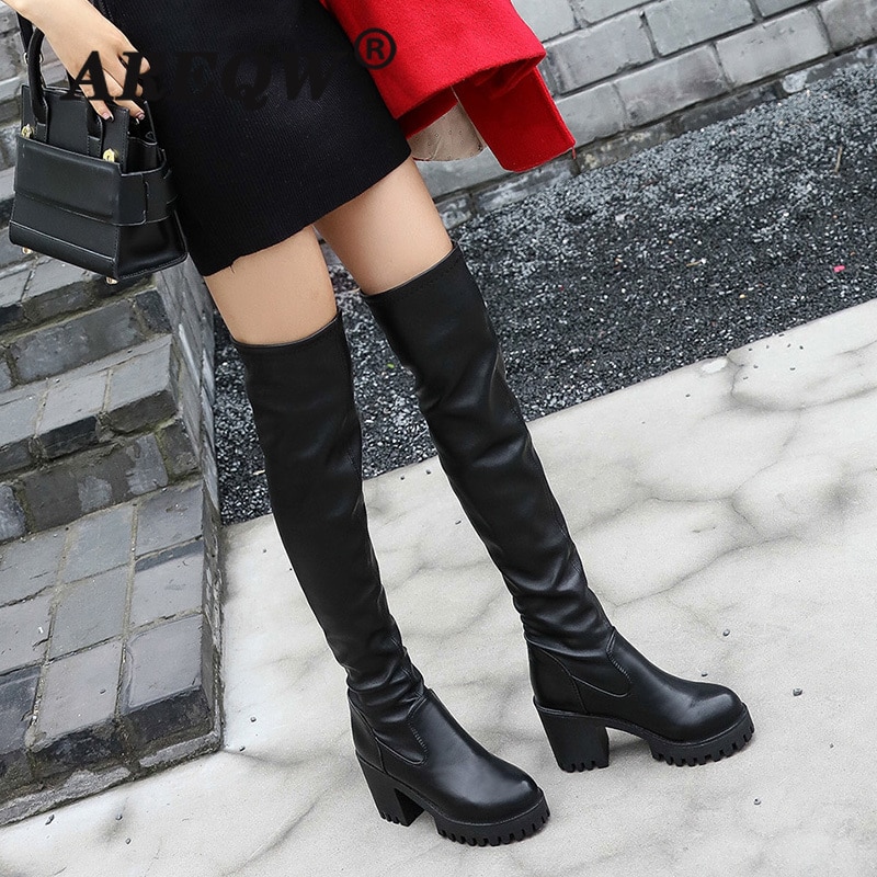 Women's Top Resiliency Pu Leather Over The Knee Boots Slip High Heel Platform Thigh Boots Ladies Shoes