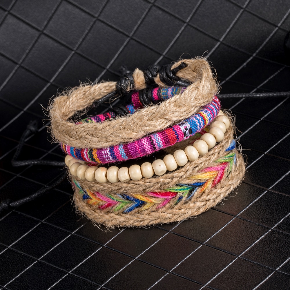 ALIUTOM 4PCS/Set Colorful Beaded Multilayer Handmade Hemp Rope Woven Bracelets Hippy Boho Embroidery Cotton Friendship Bracelets