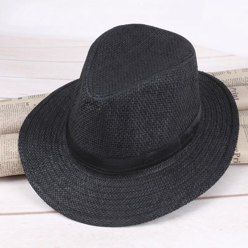 Mænd halm panama hat håndlavet cowboy kasket sommer strand rejse solhat  zj55: Sort