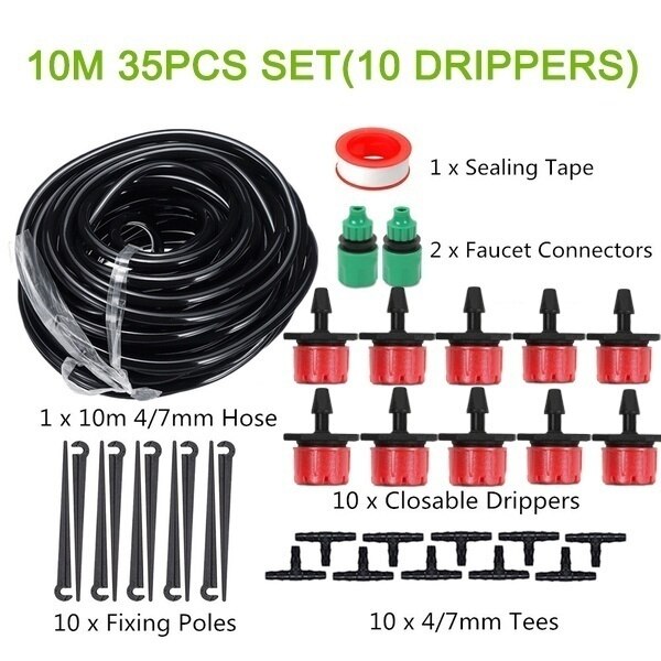 25M DIY Drip Irrigation System Automatic Watering Irrigation System Kit Garden Hose Micro Drip Watering Kits Adjustable Dripper: 10M