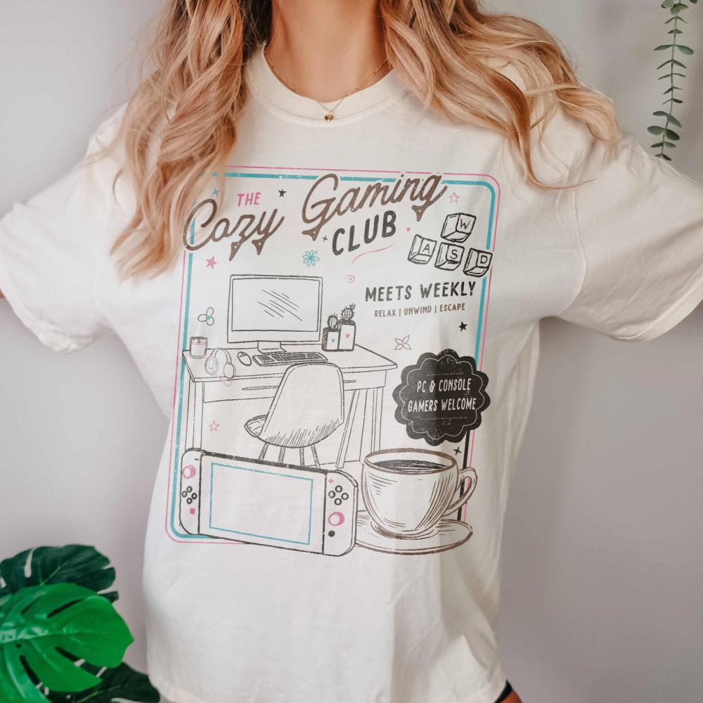 Damen Rundhalsausschnitt, gemütliches Spielen-Verein-T-Shirt, für Mädchen, Gamer, 100 % Baumwolle, lockeres retro-Schulshirt, unisex-T-Shirt, Fantasy-Bekleidung, Y2K-oben