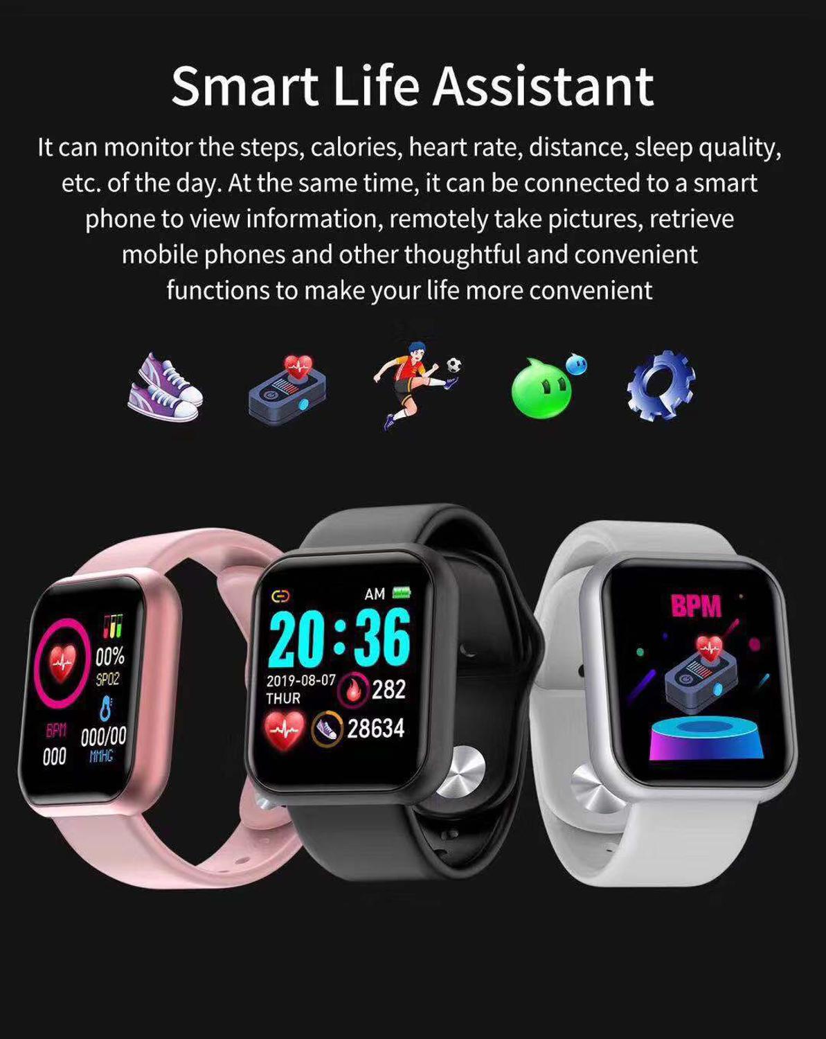Y68 Smart Bracelet D20 Fitness Bracelet Heart Rate Smart Bracelet Blood Pressure Sport Bracelet Bluetooth Watch Step Counter