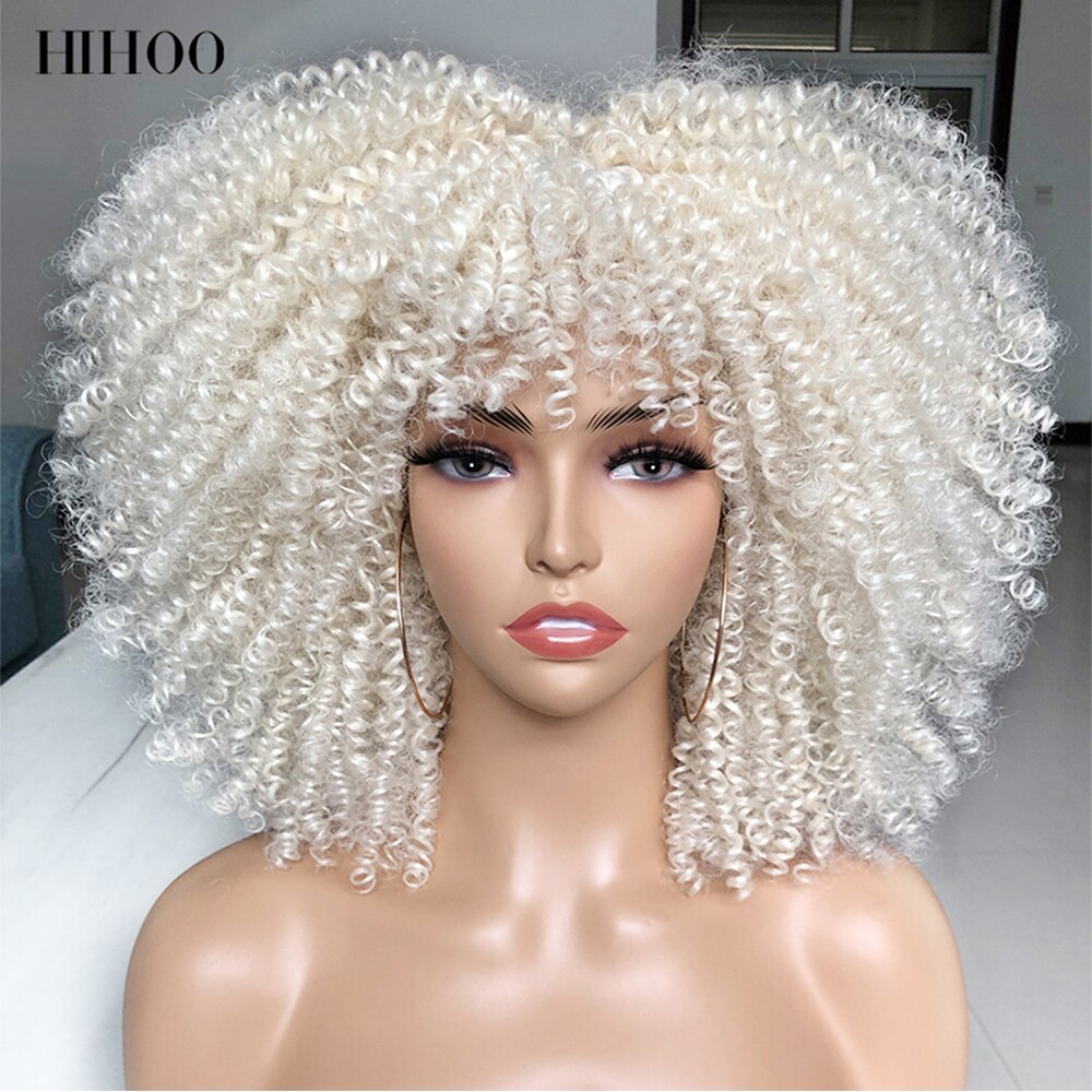 Short Hair Afro Kinky Curly Wigs With Bangs For Black Women Cosplay Lolita Synthetic Natural Blonde White Pink Blue Green Wig