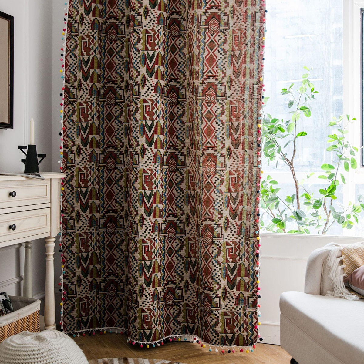 Cortina de lino y algodón con estampado, borlas bohemias para el hogar, cocina, ventana, sala de estar y dormitorio, suministros de decoración D30