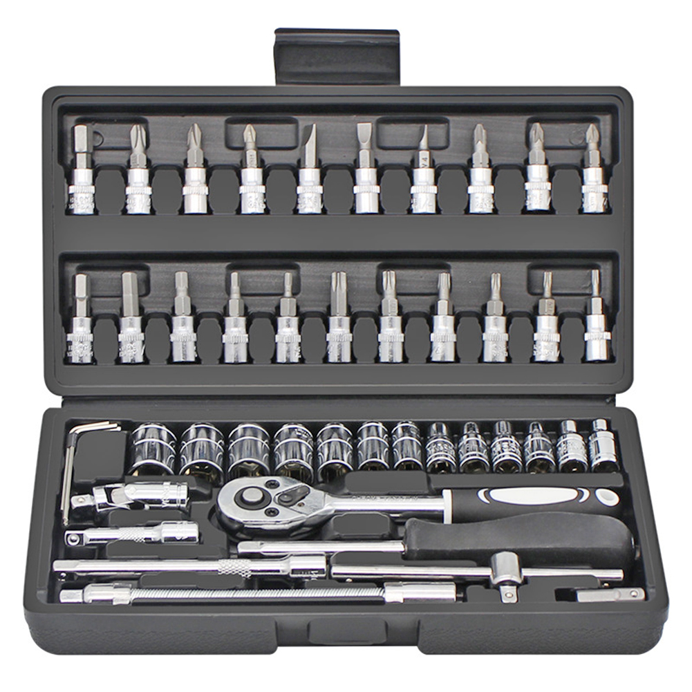 46pcs Hand Tools Ratchet Wrench Set Quick Ratchet Socket Wrench Slotted Screwdriver Repair Combination Toolbox