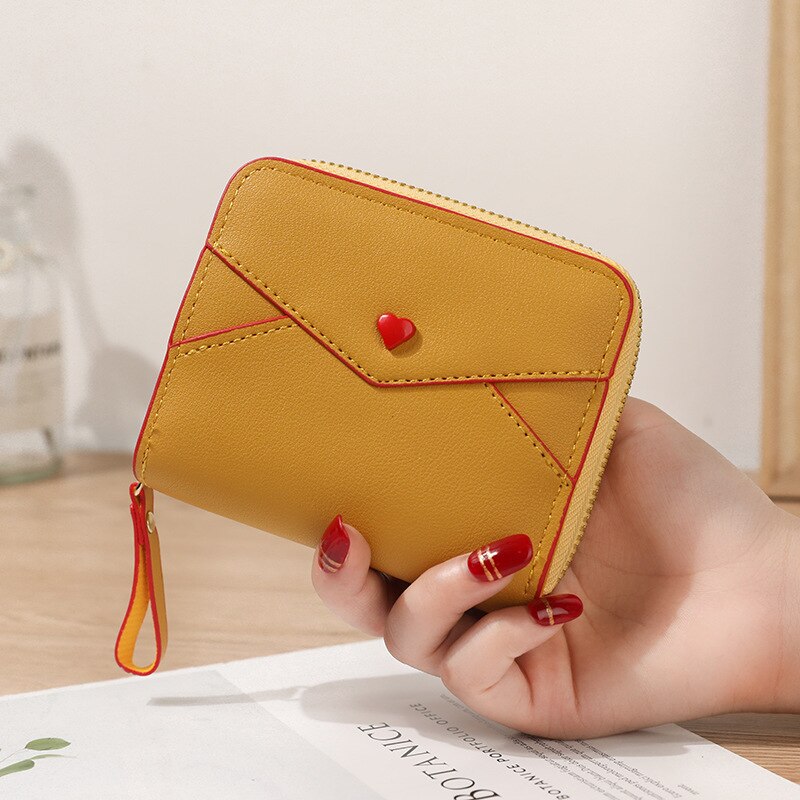 Liefdeshart korte dames portemonnee leren kwastje dames portemonnee hasp rits kaarthouder portemonnees kleine dames portemonnee: Geel