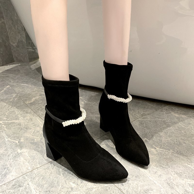 Herfst winter dames retro hoge hakken dames dikke hak mid-tube puntige parel antislip dames laarzen