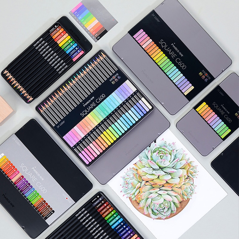 Marco Art Square Oily Colored Pencils Pink Series 12/24 Colors Hand Painted lapis de cor Painting Exam Supplies C600