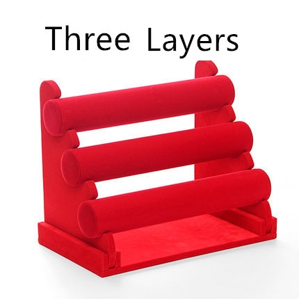 1pcs Vintage PU Leather / Velvet Bracelet Chain Watch T-Bar Rack Jewelry Organizer Hard Display Stand Holder: 3Layers Velvet Red