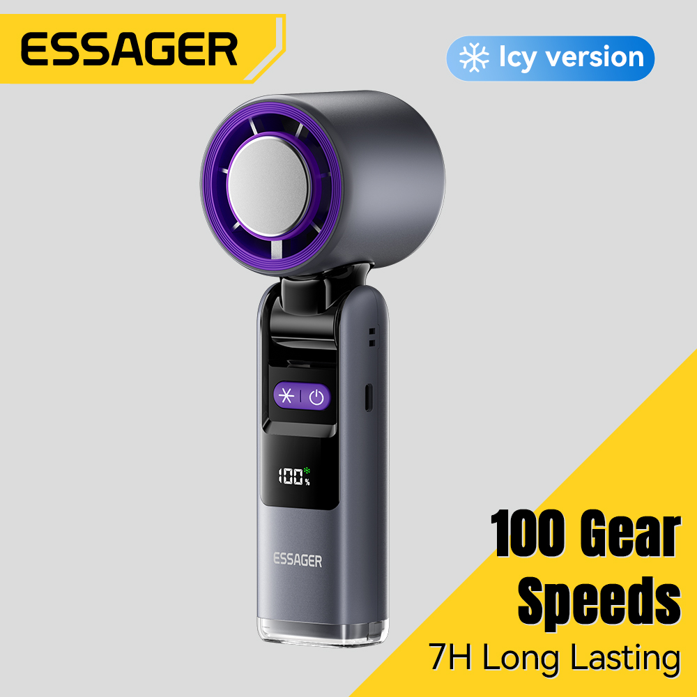 Essager Portable Handheld Turbo Fan 100 High Speed Foldable Fan Handheld Adjustable USB C Rechargeable Fan with Display Screen