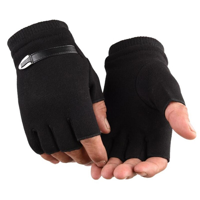 Guantes sin dedos para hombre, manoplas de cuero de ante para conducir, negro y gris, medio dedo, elásticos, para exteriores, para invierno