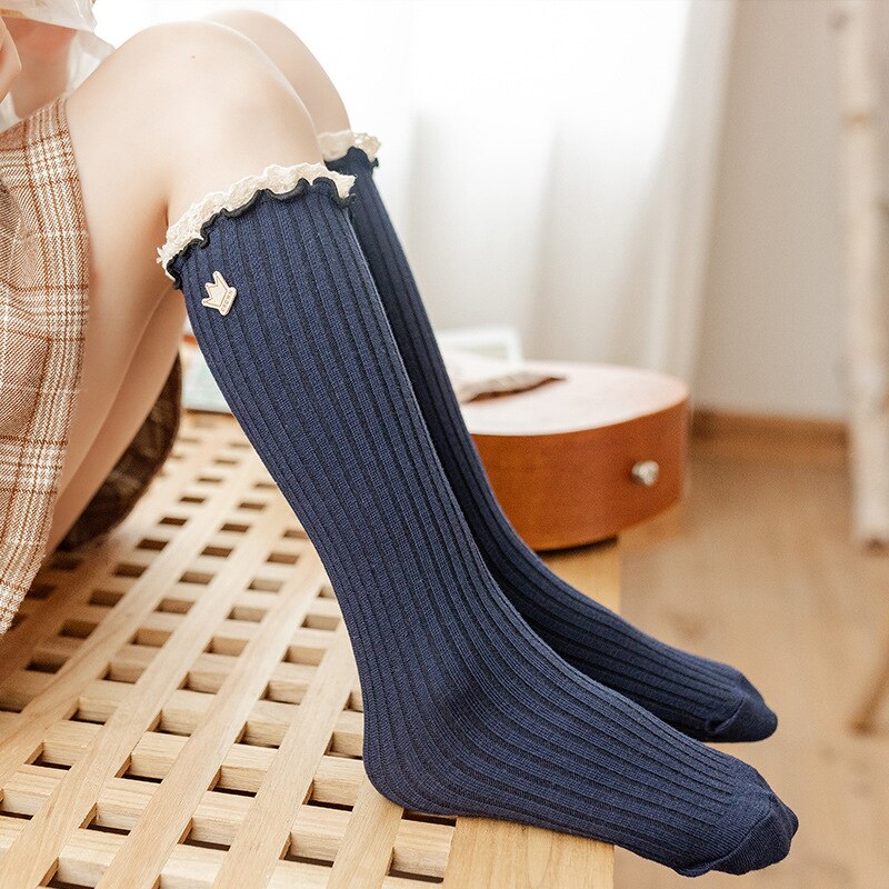 Calcetines largos hasta la rodilla con volantes para niñas, calcetín de algodón suave, de encaje, de flores, para niños de 2 a 13 años: Blue