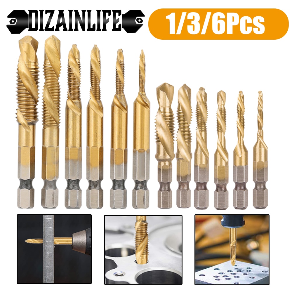 M3-M10 HSS Screw Metric Thread Tap Drill Bits Set Titanium Plated Hex Shank Screw Machine Compound High Speed Change Hand Tool