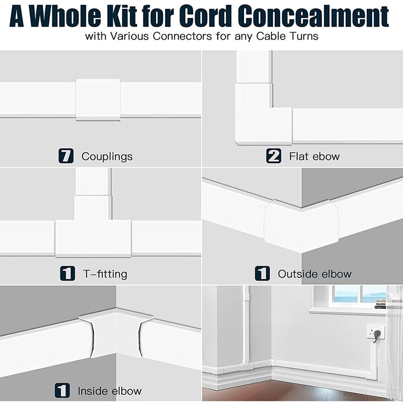 Practical 125.6In Cable Cover,Cable Management Kit,Cord Hider On Wall,Roll Adhesive Tie,Cable Raceway Kit For TV Office Home