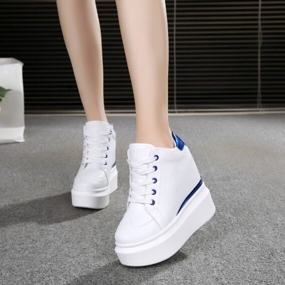 Lente Vrouwen Hoge Platform Schoenen Hoogte Toenemende Dames Sneakers Herfst Trainers Pu Leer Ademend Casual Schoenen Wit: Blauw / 7