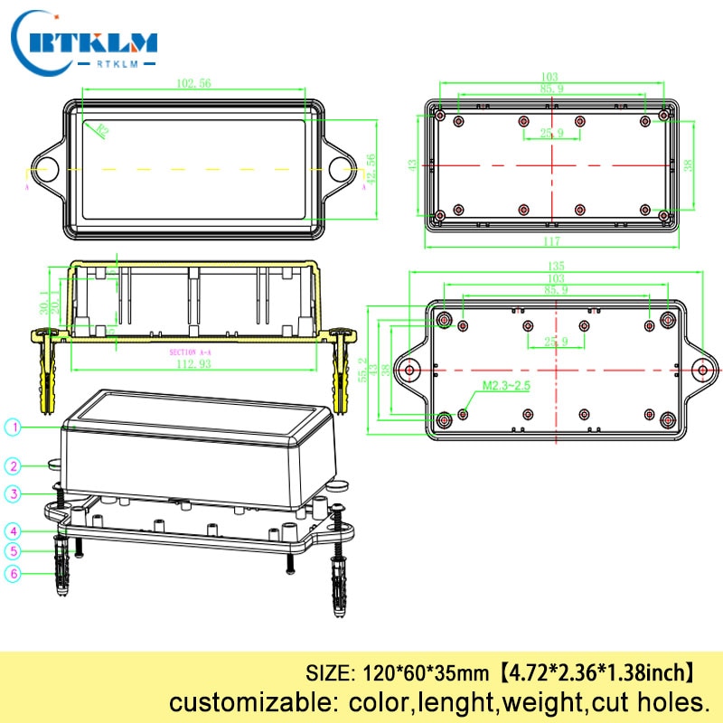 Wandmontage elektronische behuizing abs plastic behuizing producten diy junction box diy speaker plastic behuizing doos 120*60 * 35mm