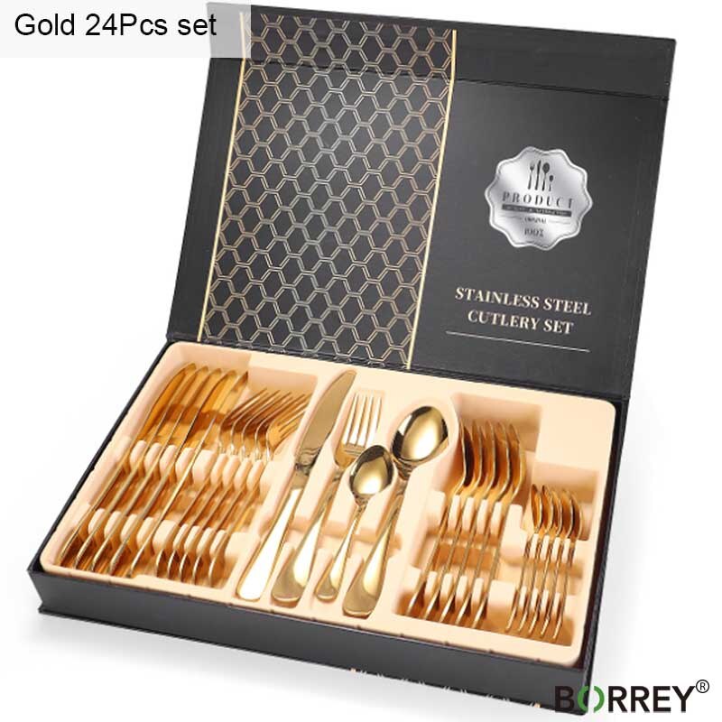 BORREY 24 Uds juego de cubiertos de acero inoxidable, cubiertos de oro rosa, cubiertos de oro, conjunto de vajilla para cena, juego de vajilla occidental: Gold(24pcs)