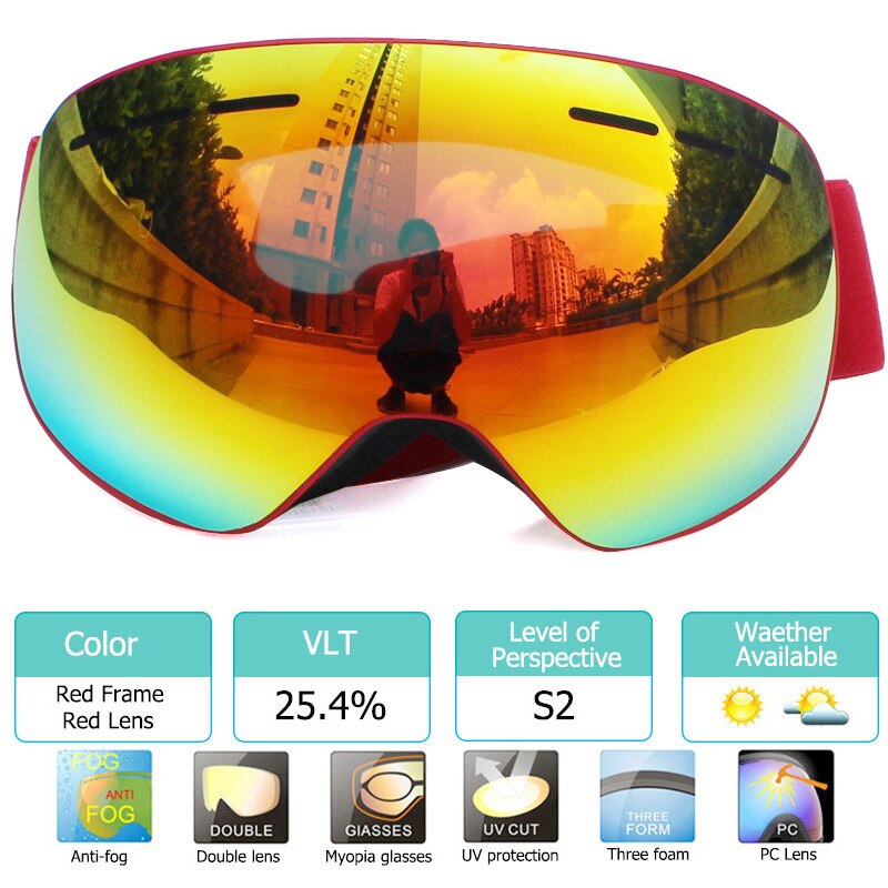 100% UV400 Bescherming Magnetische Ski Bril Lens Anti-Fog Snowboard Goggles Voor Mannen &amp; Vrouwen Skiën Bril: Rood