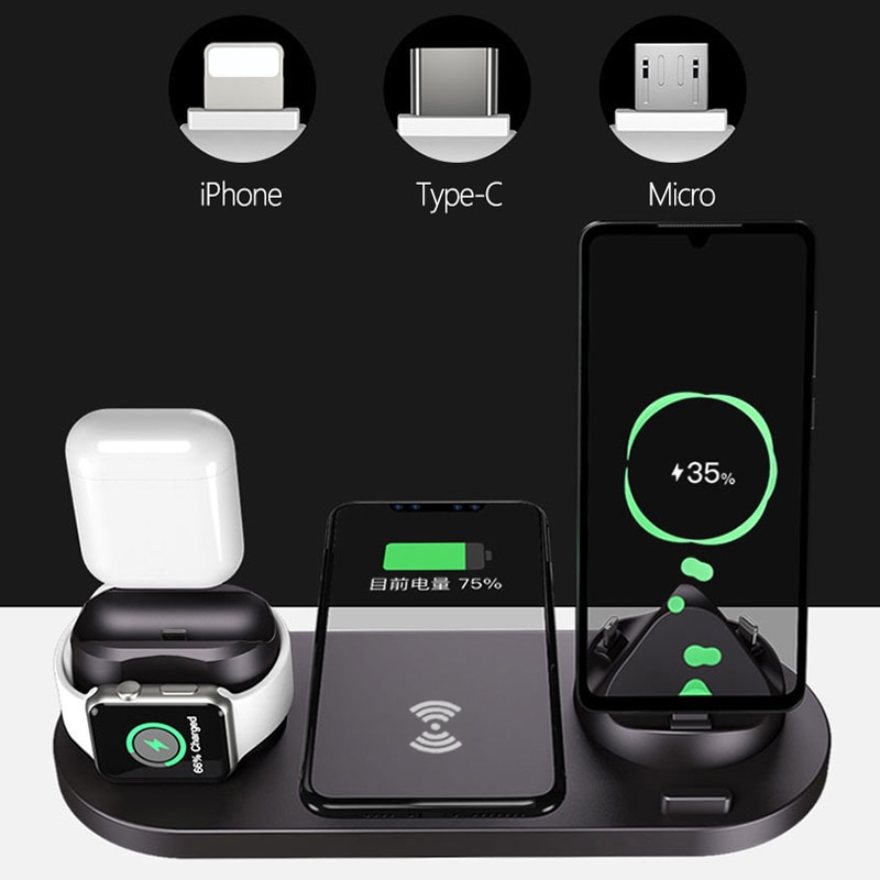 6-in-1 10W wireless charger base for Apple Watch Airpods multifunctional wireless charging station for iPhone11 Pro Max
