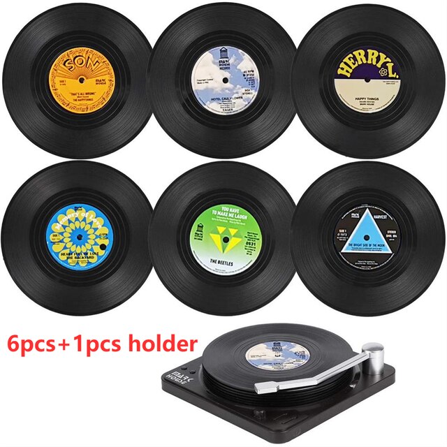 Juego de 6 posavasos de vinilo para bebidas, posavasos de música con soporte para tocadiscos de vinilo, posavasos de disco de registro Retro, alfombrilla creativa para tazas: Rojo