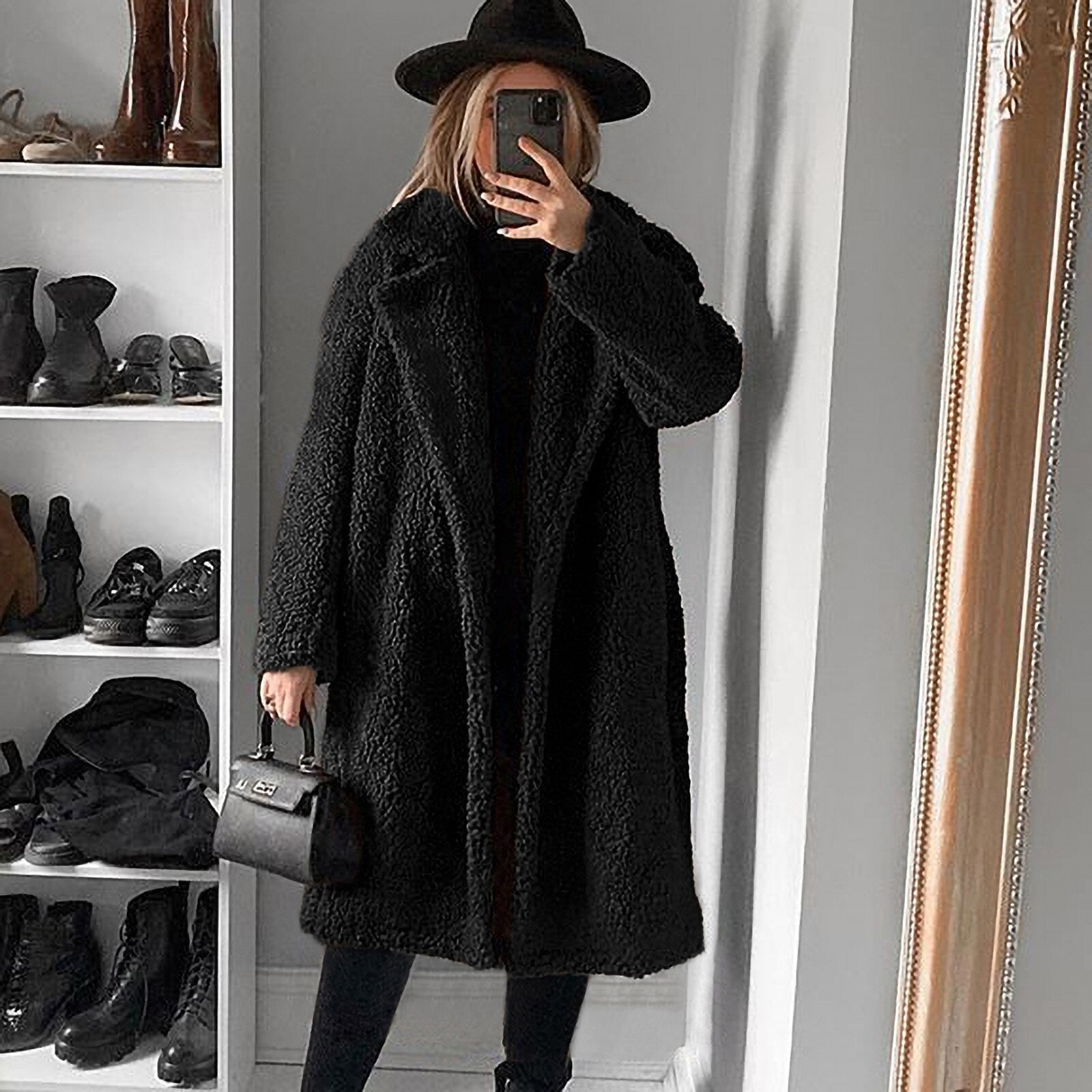 Herfst Winter Lange Jas Vrouw Faux Fur Jas Warm Bont Teddy Jas Vrouwelijke Pluche Teddy Jas Uitloper, pocket caramel kleur, L