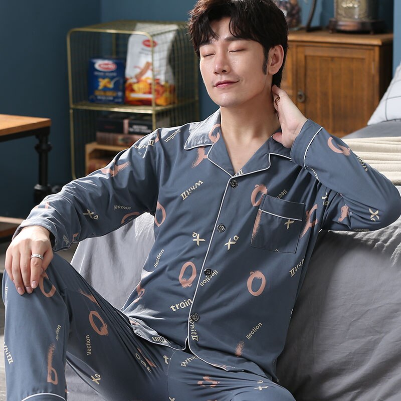 pyjama en coton imprimé 2 pièces costume simple hommes pyjamas revers décontracté doux pyjamas service à domicile printemps et automne