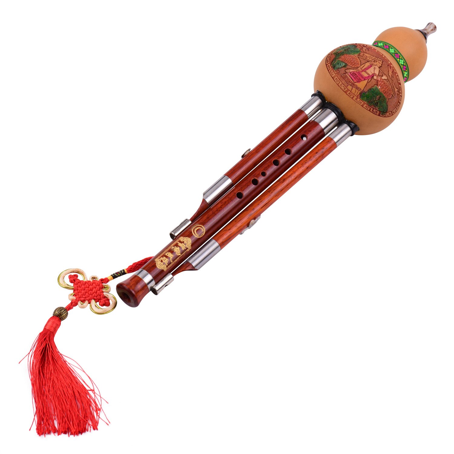 3 Tone C-Key Hulusi Gourd Cucurbit Flute Solid Wood Pipes Chinese Traditional Instrument with Chinese Knot Carry Case