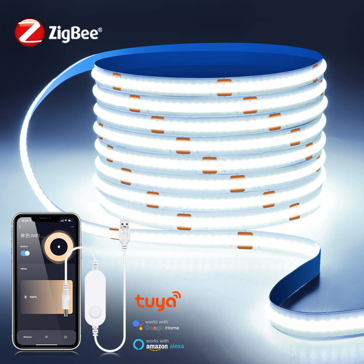 Tira de luces LED ZigBee COB, luces inteligentes Tuya Alexa, cinta LED de neón regulable USB de 5V con controlador de atenuación Wifi, decoración para dormitorio, habitación y cocina: De Color5 / 1 m