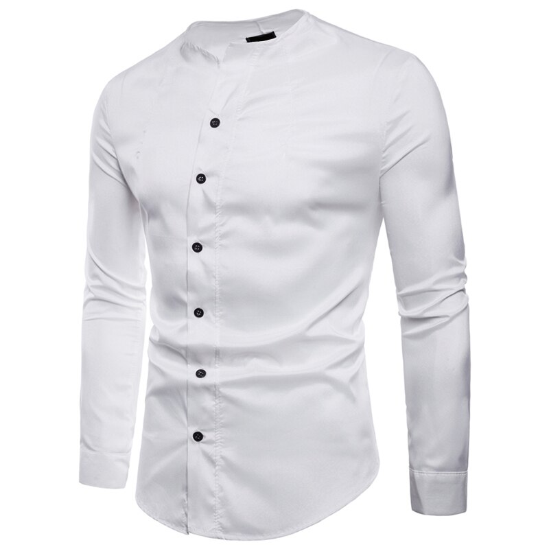 Herrskjortor med rund hals för män manlig höst casual långärmade skjortor slim fit enfärgad svart vit skjorta toppar m -2xl: Vit / M