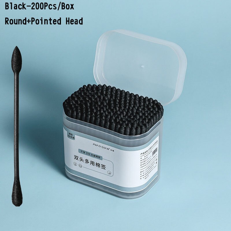 100 200 300 Stks/doos Dual Heads Wattenstaafjes Voor Kinderen Volwassen Gezondheidszorg Gereedschap Pluizende Wegwerp Knoppen Makeup Neus oren Schoonmaken: Black 200 Pcs