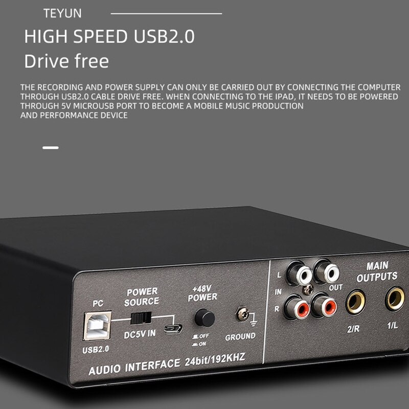 Sound Card USB 2.0 Port for Guitar Musical Instrument Playing Loopback Board Gain Volume Knob, Mix Knob