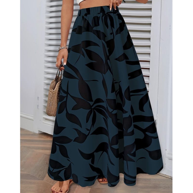 Zwarte rok met bloemenprint voor dames in de herfst, veelzijdige rok met elastische taille, soepelvallende stof en plooien.