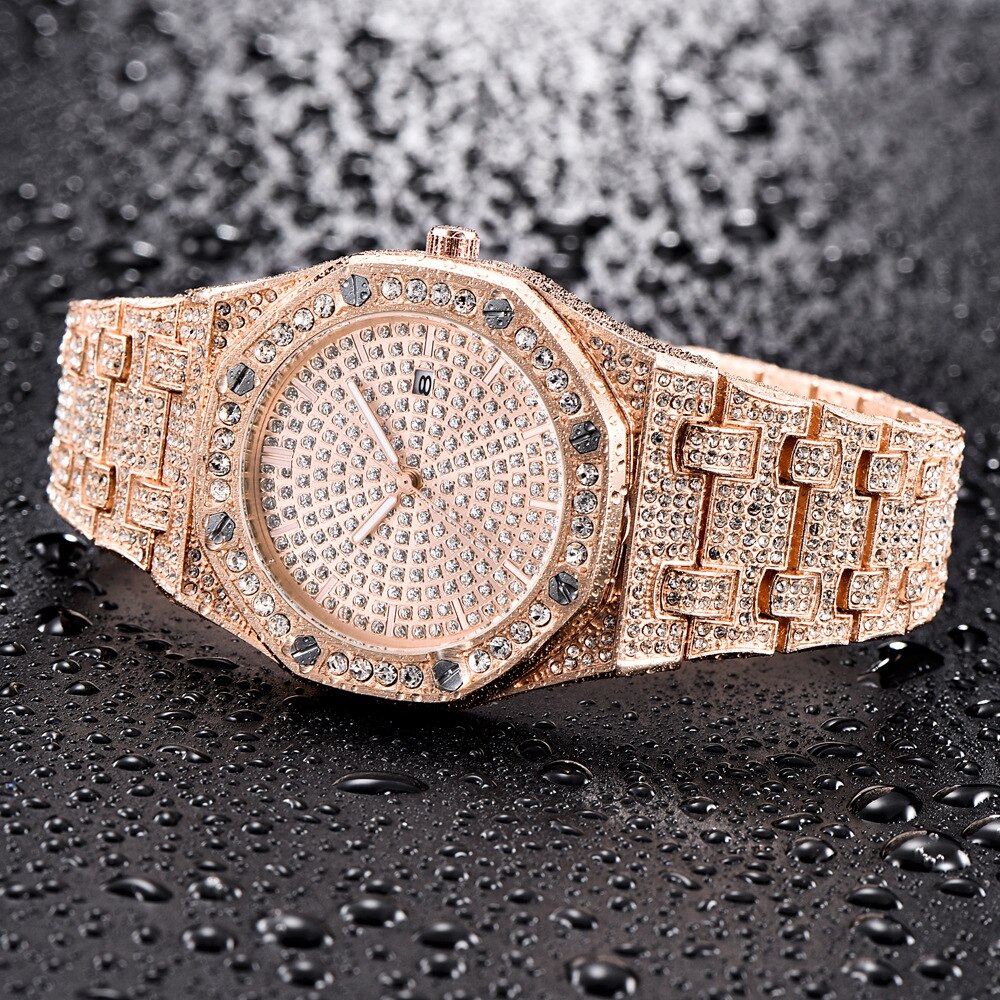 Hip Hop Ice Out Watch Mens Watches Iced Out Stainless Steel Quartz Wristwatches Waterproof Watches For Men Charm Jewelry