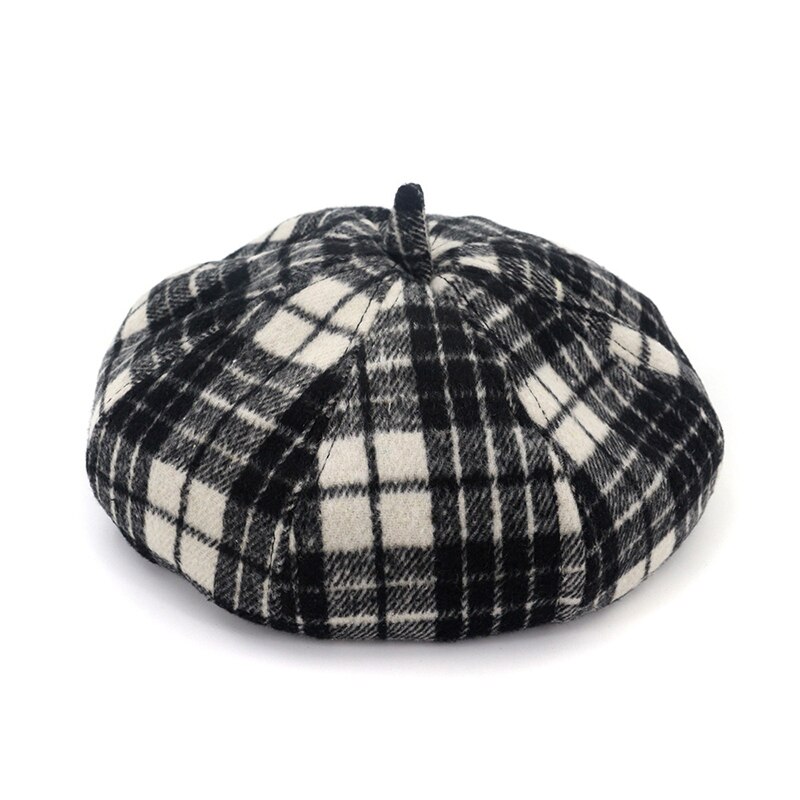 Fs vintage vinter plaid beret hatte til kvinder uldblanding ottekantede kasketter efterår afslappet kunstner kasket sort grå rød khaki: Sort baret