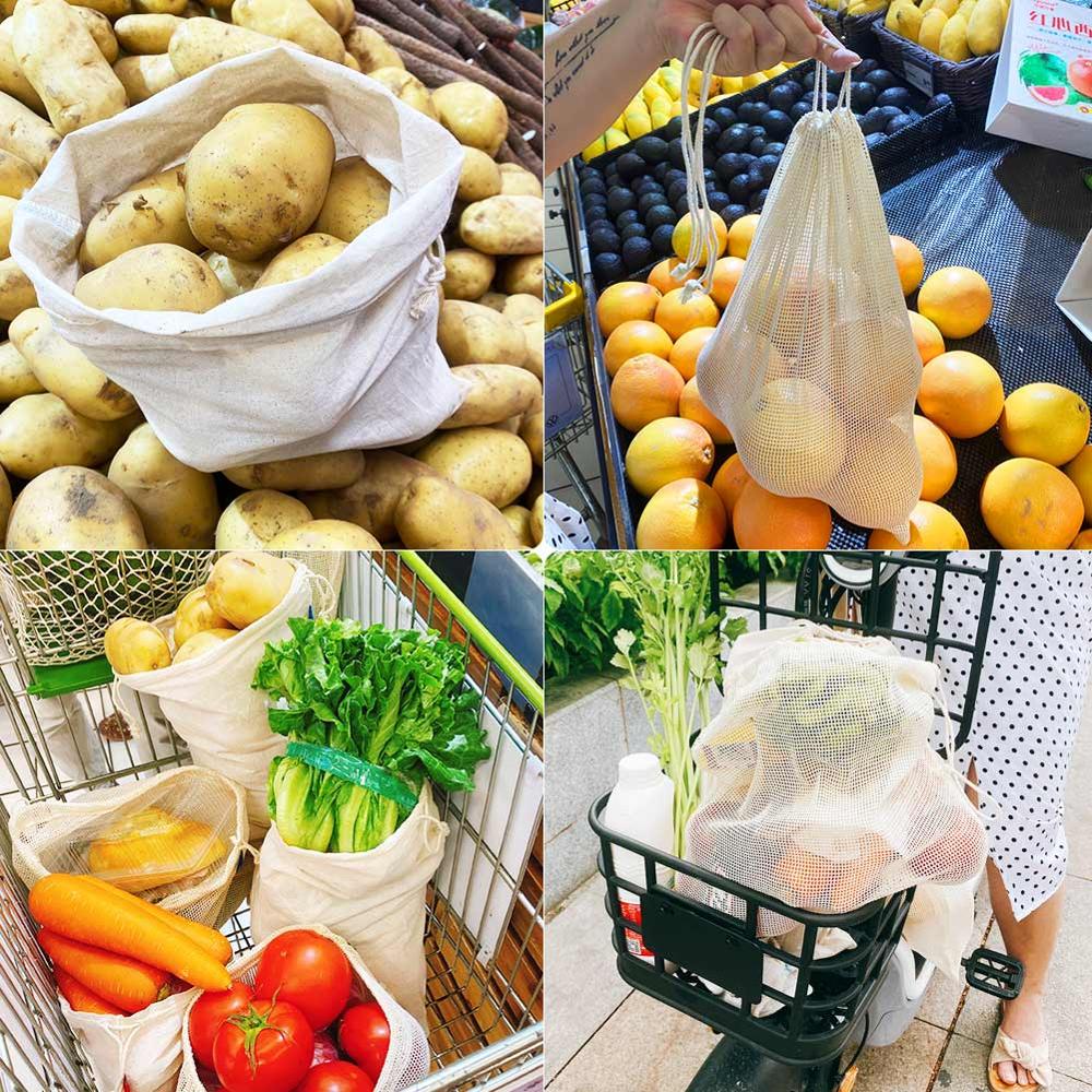 Bolsas de malla de algodón ecológicas para vegetales, bolsas de producción reutilizables, cesta para frutas y verduras, almacenamiento de cocina, bolsa ecológica para verduras