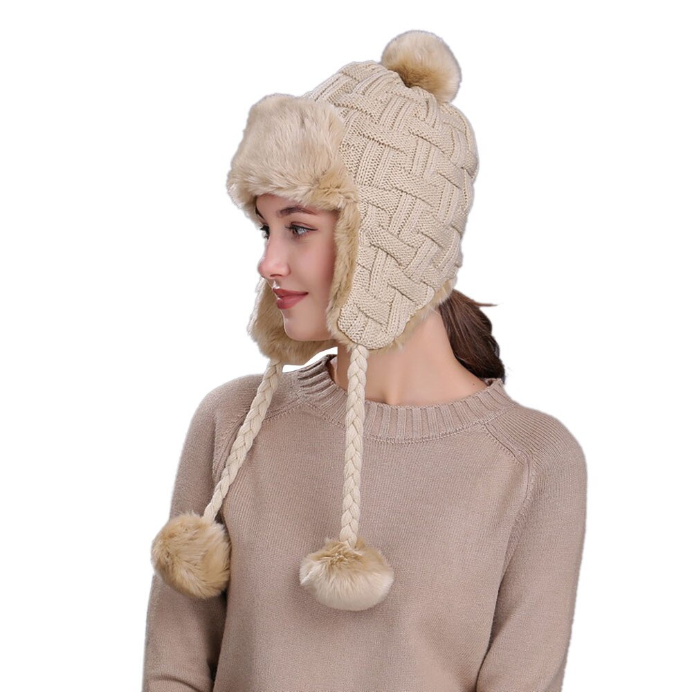 Warm Women Winter Hat With Ear Flaps Snow Ski Thick Knit Wool Beanie Cap Hat Keep Warm Solid Color Leisure Hats #T2G: Default Title