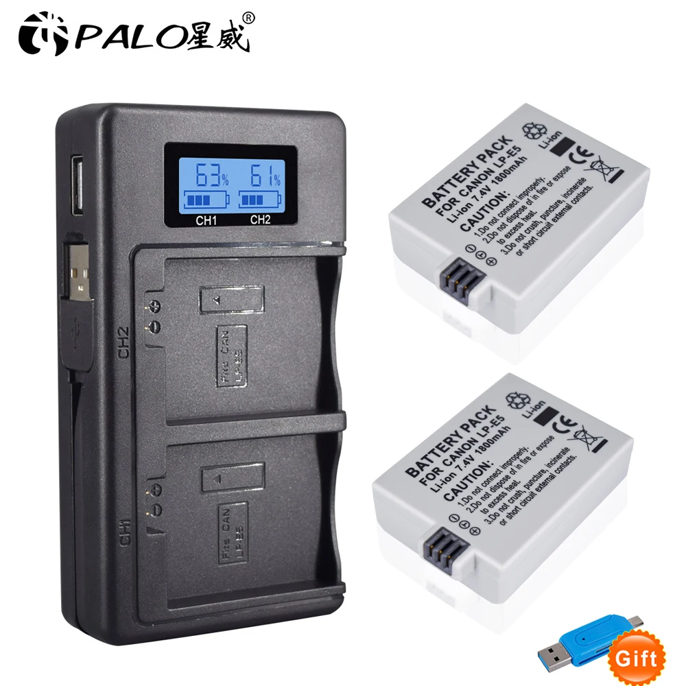 1800Mah LPE5 Lp E5 LP-E5 Batterij + Lcd Dual Usb Oplader Voor Canon 450D 500D 1000D Kus X2 X3 F Rebel Xs Xsi T1i