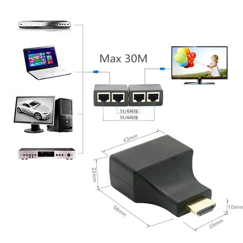 Extensor HDMI 4K, extensión de hasta 30m sobre extensión de 30m sobre Cable Ethernet CAT5e / CAT6 UTP, puertos RJ45, red LAN para PC