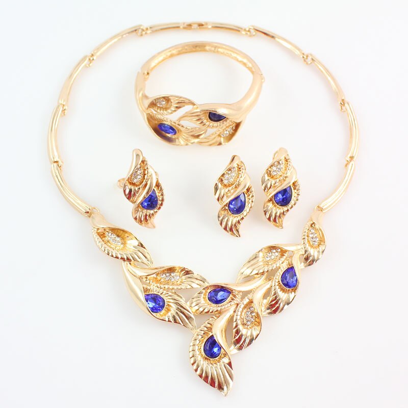 Gold Farbe Schmuck Sets Blätter Form African Kostüm Halskette Set Frauen Braut-accessoires: blue