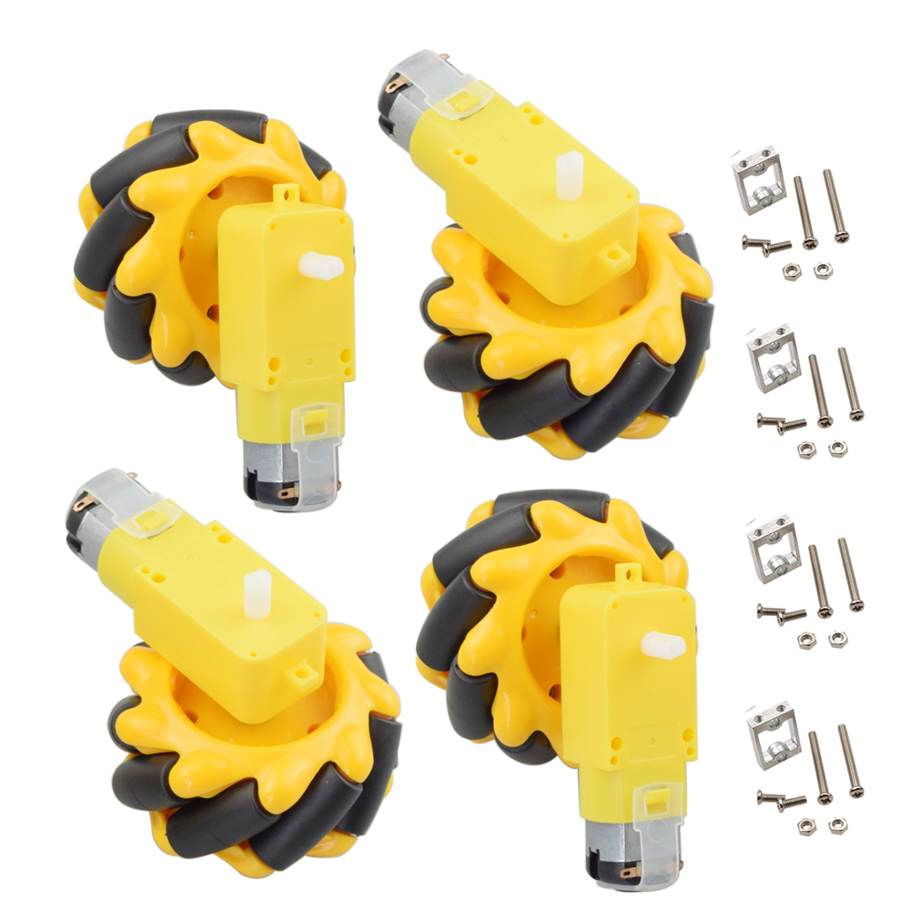 4 Stuks 60Mm Mecanum Omni Wiel + 4 Stuks Tt Motor + 4 Stuks Tt Motor Beugel Voor Arduino diy Project Raspberry Pi Stem Speelgoed Rc Onderdelen: Yellow full set