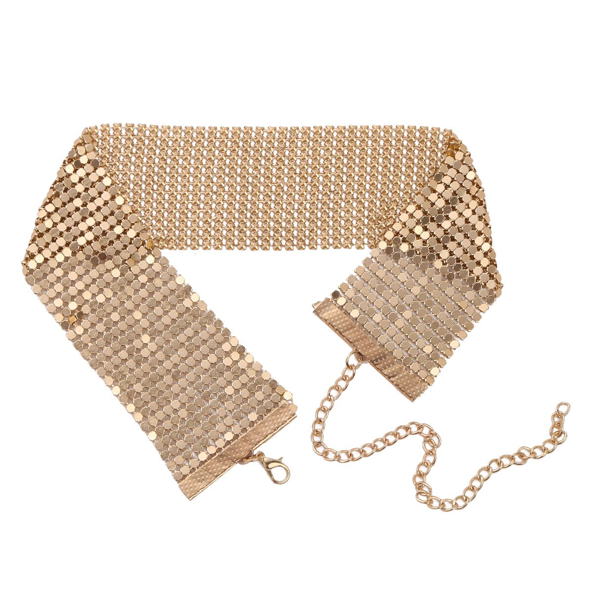 Collar de aleación brillante para mujer, gargantilla brillante, lisa, ajustable, de malla ancha, gargantilla plana: Gold